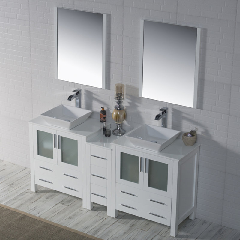 Ensemble de meuble-lavabo double 72 po avec miroir Mance, Blanc lustré