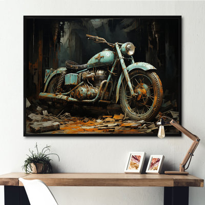 Motocyclette classique bleue et noire - art mural moto