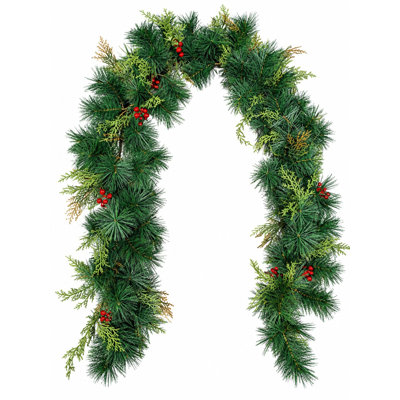 6FT Artificial Christmas Pine Garland with Red Berry Clusters and Cedar Sprigs, Unlit Green Holiday Garland for Fireplace, Arch, Banister Farmhouse Xmas Decor