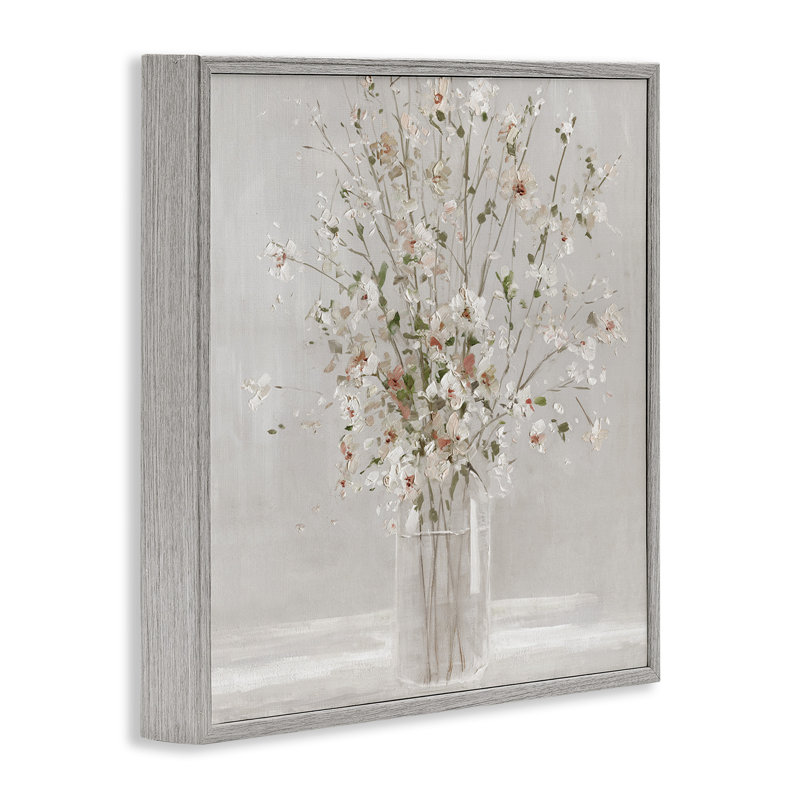 White Flower Vase Arrangement on Canvas with Gray Frame