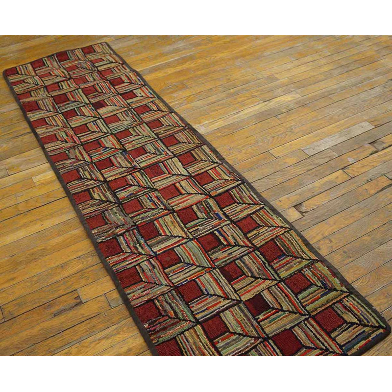 Antique Hooked Folk Art Log Cabin Design American Small Scatter Size Rug