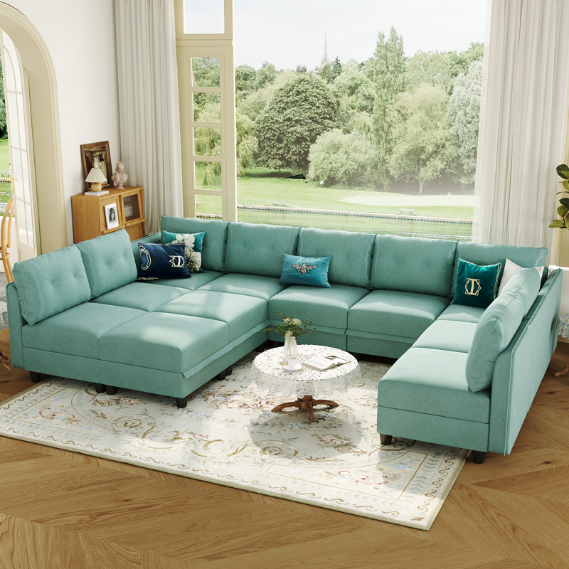 Edorta Upholstered U-Shaped Sectional, Teal Green Polyester