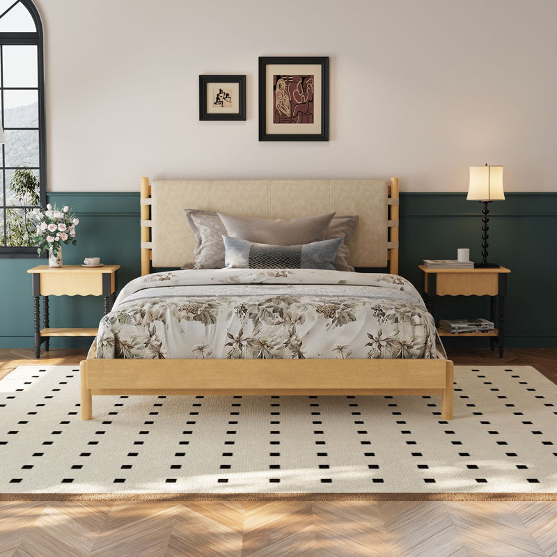 Larkston Mid-Century Modern Rubber Wood Platform Bed With Faux Leather Headboard, Queen, Beige/Natural