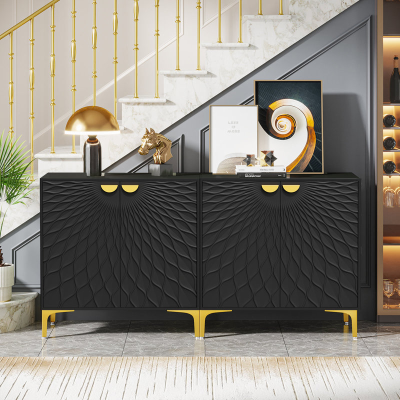 Armoire d'appoint 2 portes Tazmin, coffres décoratifs avec poignée et pieds dorés, Noir