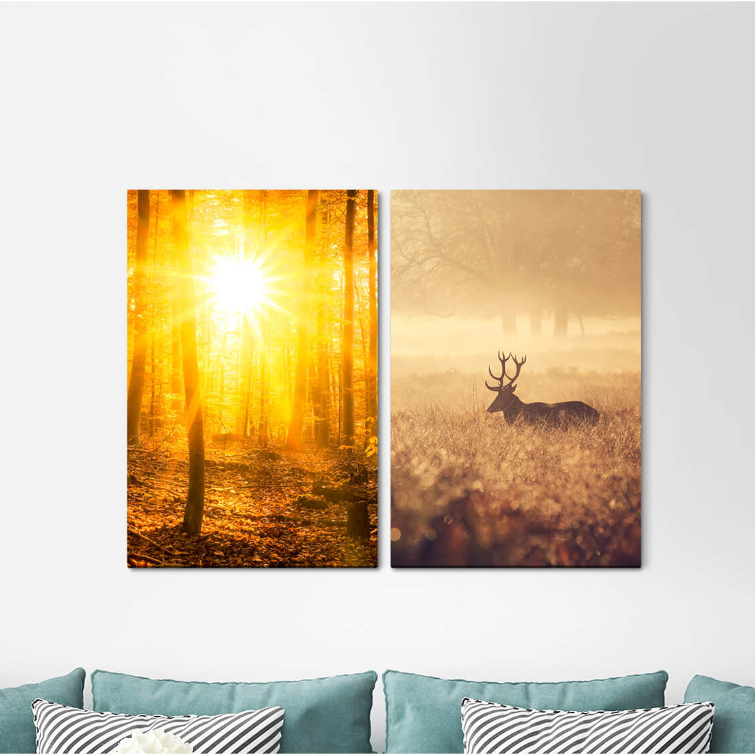 2-tlg. Leinwandbilder-Set - Fotografie „Forest Forest Spirit Deer Sunbeams Autumn Morning Dew Deer Antlers”