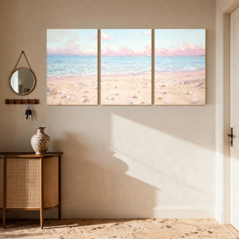 «Beach pastel Sky Calm Ocean Sandy Beach Seashells», ensemble de 3 impressions sur toile, H 24 po x l 48 po