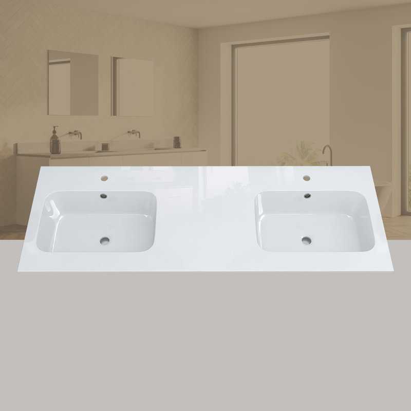 60 Inch Solid Surface Double Sink Vanity Top, Slim 0.56" Thick Countertop, Bright White Modern Design, Lightweight & Easy Install