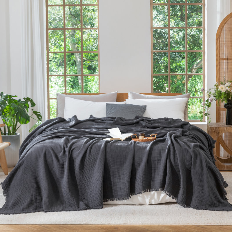 Jeté 100% coton 4 couches avec frange MooMee Airy, Très grand (104 po x 90 po), Gris foncé