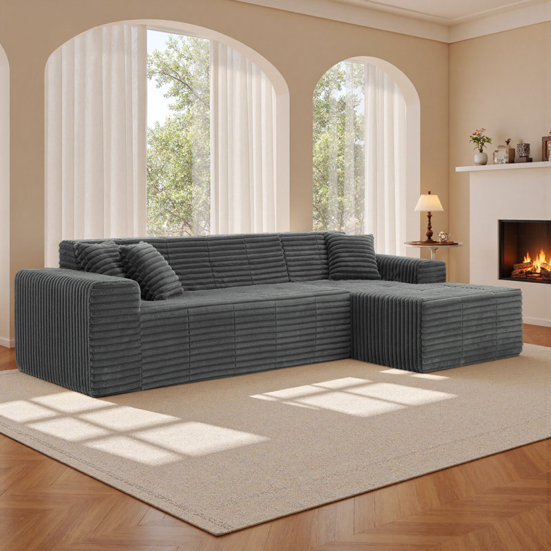 Upholstered 2-Piece Gray Faux Rabbit Fur Flannel Sofa With Pillows – All Foam Compressed And No-Assembly Modular Design