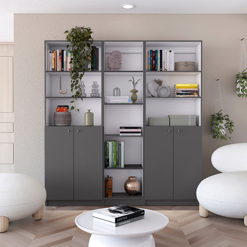 Ensemble de bibliothèque 3 pièces Acres, d'une largeur de 67 po avec 11 tablettes et deux armoires à deux portes, ensemble de salon gris mat / blanc