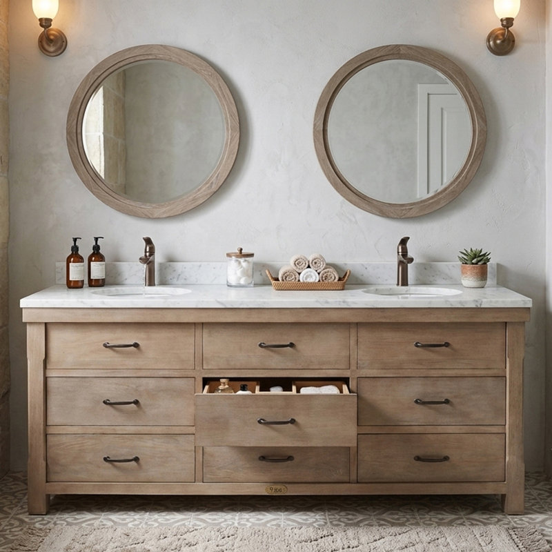 84 po Meuble-lavabo double de style campagnard en bois naturel avec plateau en marbre blanc assemblé, 84" W