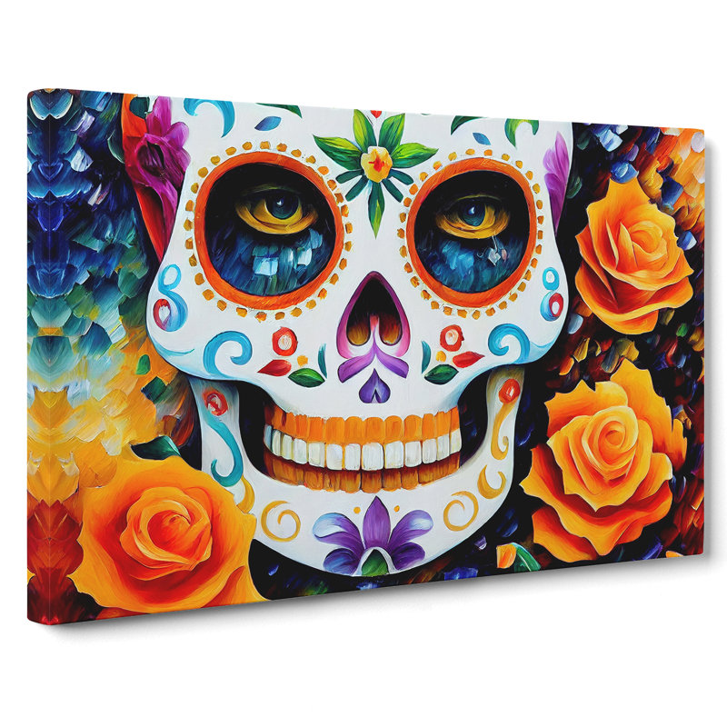 Decorated Floral Sugar Skull - Wrapped Canvas Painting, 35cm H x 50cm W x 3cm D