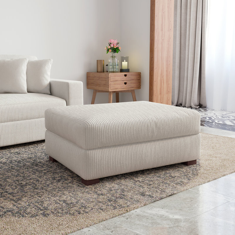Upholstered Beige Square Corduroy Ottoman with Solid Wood Legs, Single Ottoman Modular Part For Sectional Sofa, Corduroy