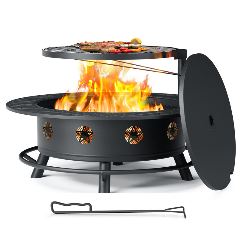 Fire Pit With Grill, Wood Burning Fire Pits For Outside With Lid& Fire Poker, Round Metal Fire Pit Table 3 In 1 With Cooking Grate,outdoor Fire Pit For Yard Patio Bonfire Camping