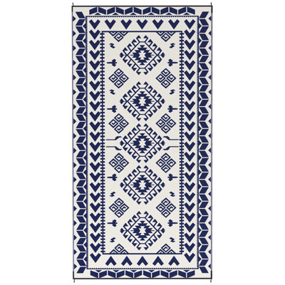 Tapis d'extérieur réversible, L 215,7 po x l 107,9 po, polypropylène, 1 pièce, tapis imperméable, patchwork losange bleu et blanc, avec sac de transport