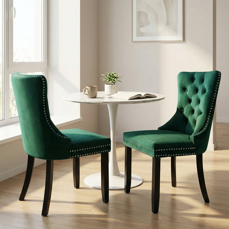 Modern Tufted Velvet Dining Chair with Nailhead Trim & Wood Legs (Set of 2), Green, Green