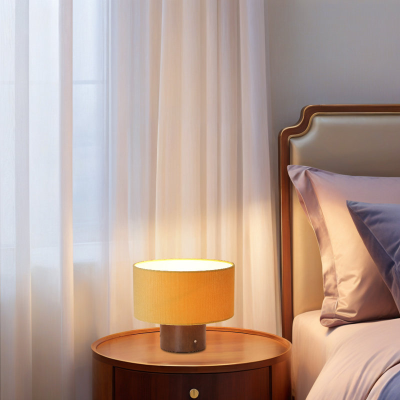 Lampe de table à contrôle tactile 11,8 po avec abat-jour en velours orange et base en bois massif, homologuée UL, douille E26 pour chambre à coucher, salon ou salle d'étude