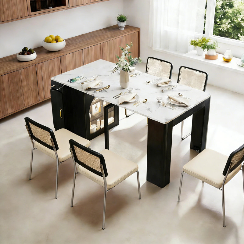 Table de salle à manger à roulettes 59 po - extensible avec 3 rallonges, prise de courant et rangement, Blanc/Noir