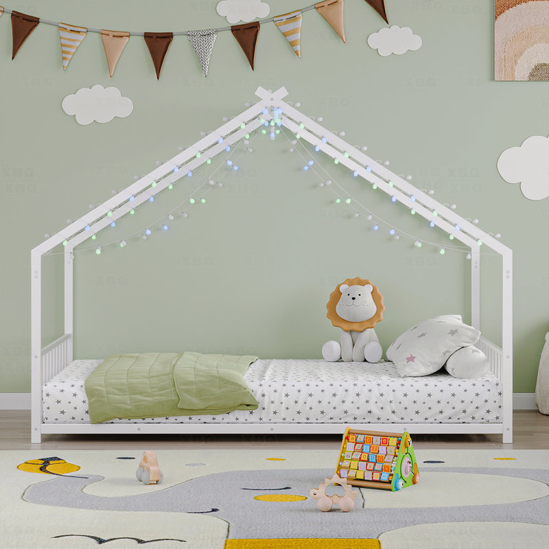 Cadre de lit pour enfant avec bandes lumineuses à DEL, cadre de lit en forme de toit, Lit simple, Blanc