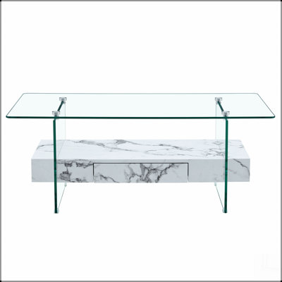 43.3 Inch Modern Two-Tier Coffee Table - Clear Tempered Glass and Marble Texture, Multifunctional Storage Design.The bottom tier includes a drawer.Can be used as a coffee table,side table,etc.