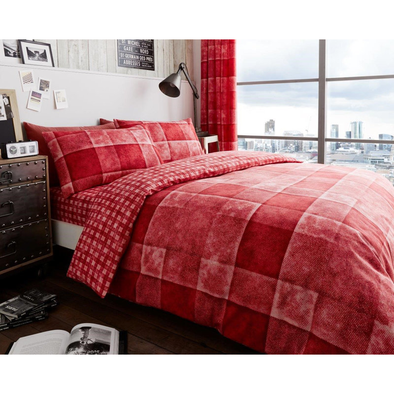 Modern Check Pattern Polycotton Duvet Cover and Pillowcase Set - Machine Washable, King, Red