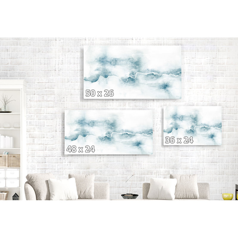 Bleu, gris, ligne abstraite qui coule, sur fond blanc, H 24 po x l 36 po x P 1,5 po