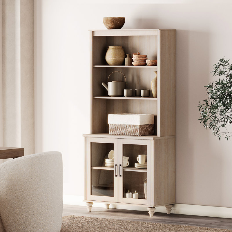 Scarlett Sideboard Cabinet With Bar Hutch, Buffet Cabinet With Glass Doors And 5 Tier Shelve, 34'', Light Beige