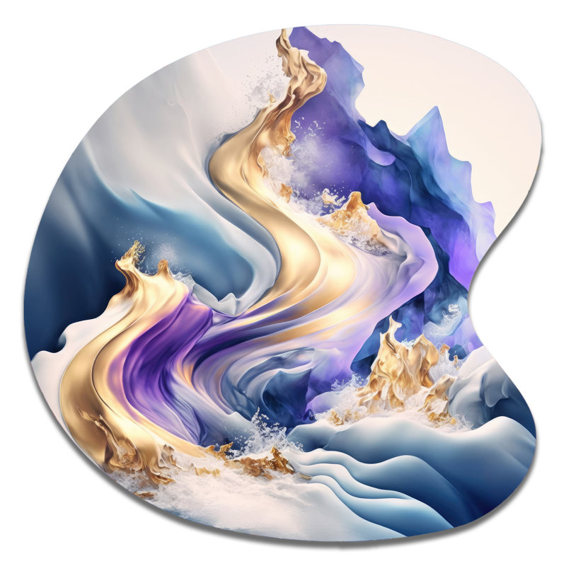 «Blue and Gold Splash Paint III - Abstract Spirals», art mural asymétrique en métal, impression d'art moderne en forme libre