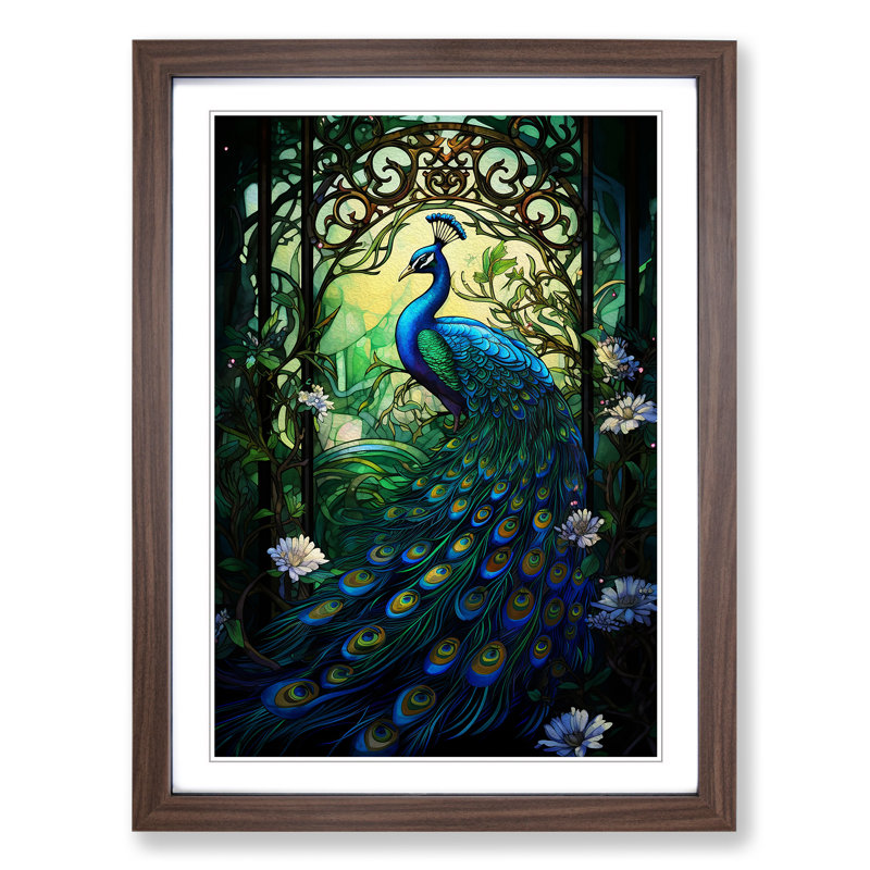 Peacock Nouveau - Single Picture Frame Print on Wood, 64cm H x 46cm W, Walnut Framed