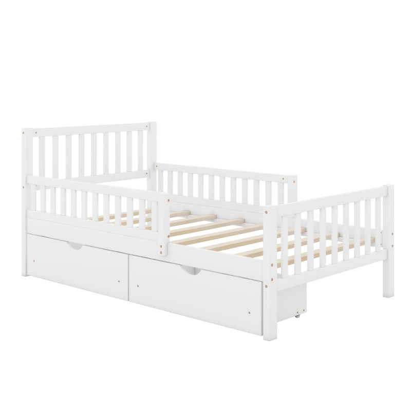 Lit plateforme en bois avec garde-corps des deux côtés et tiroirs de rangement, Lit simple, blanc