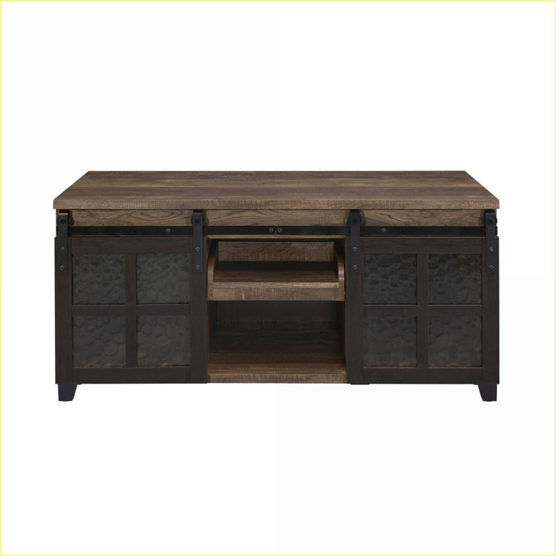 Chêne rustique & amp; Table basse noire avec portes coulissantes en verre, rangement caché peu encombrant