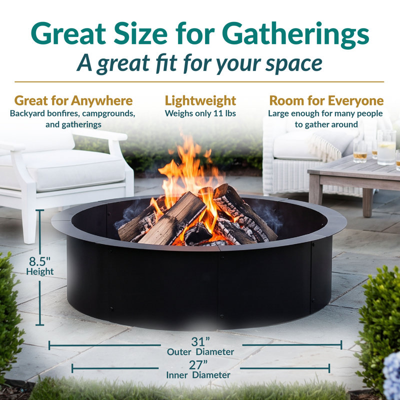 Steel Fire Pit Ring Insert - 31" Outer / 27" Inner Dia, 8.5" H x 31" W x 31" D