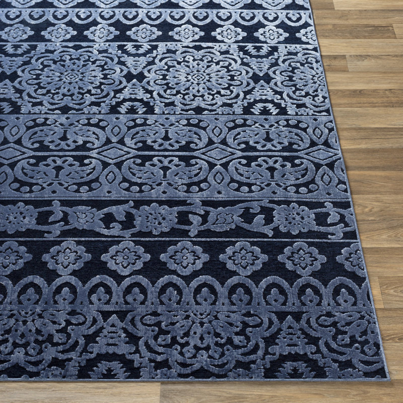Tapis gris / bleu en coton tissé à la machine Kailee, Rectangle 2 pi x 2 pi 11 po