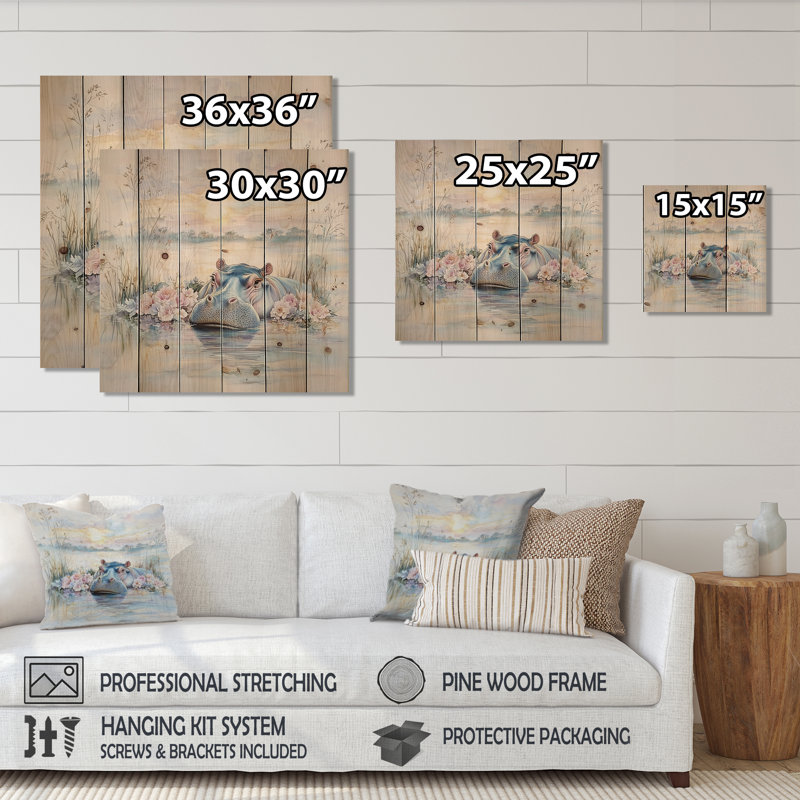 Fleur hippopotame au coucher du soleil - Art mural moderne sur bois de pin naturel, H 15 po x l 15 po