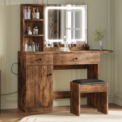 Meuble-lavabo avec miroir et lumières DEL - station de charge, grande armoire de rangement, 2 tiroirs, 3 tablettes, éclairage réglable - commode de jeu pour filles - brun rétro