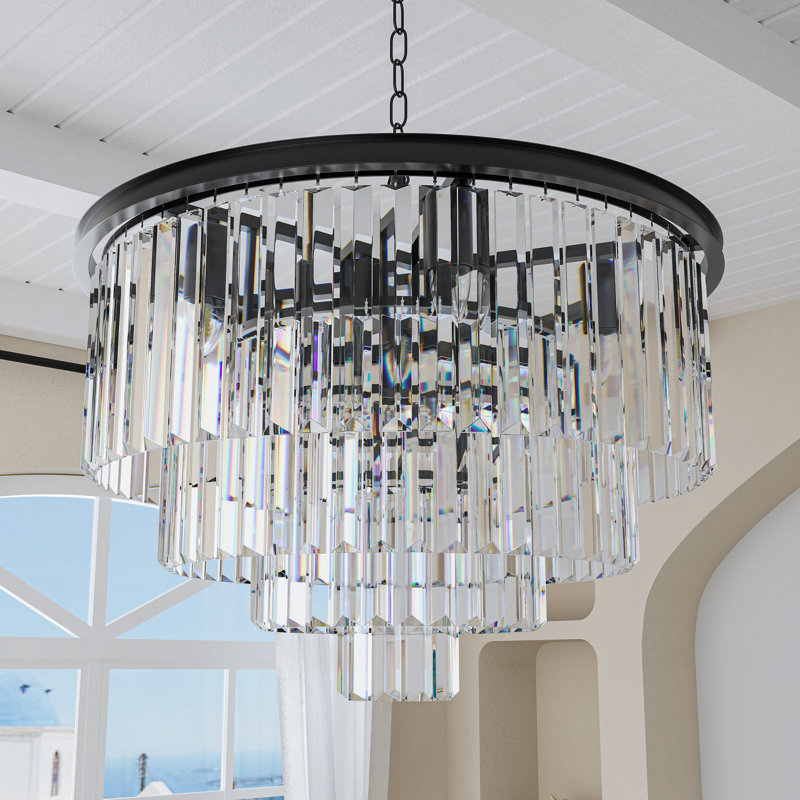 24" Modern 9 - Light Dimmable Tiered Chandelier with Crystal Accents