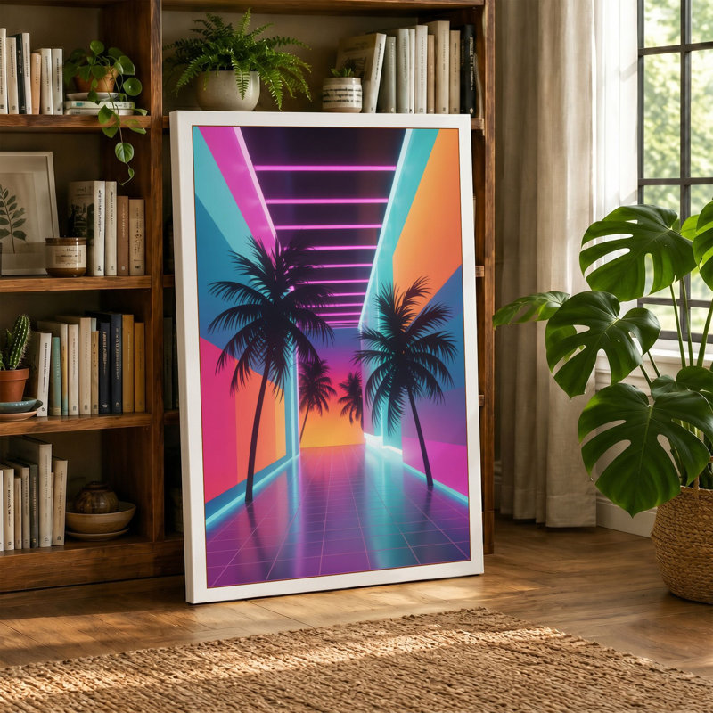 Neon Palm Corridor Retro - Wrapped Canvas, 30x20 - 76.2 x 50.8 cm, Black Border
