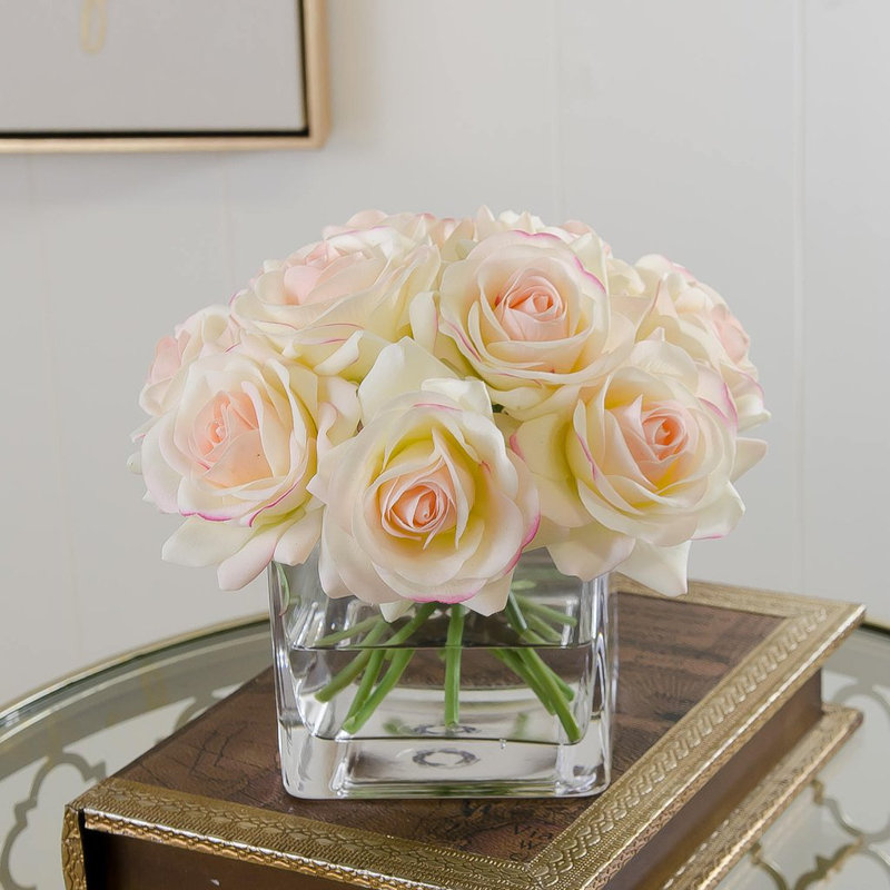 Real Touch Ivory Roses Pink Tipped Arrangement