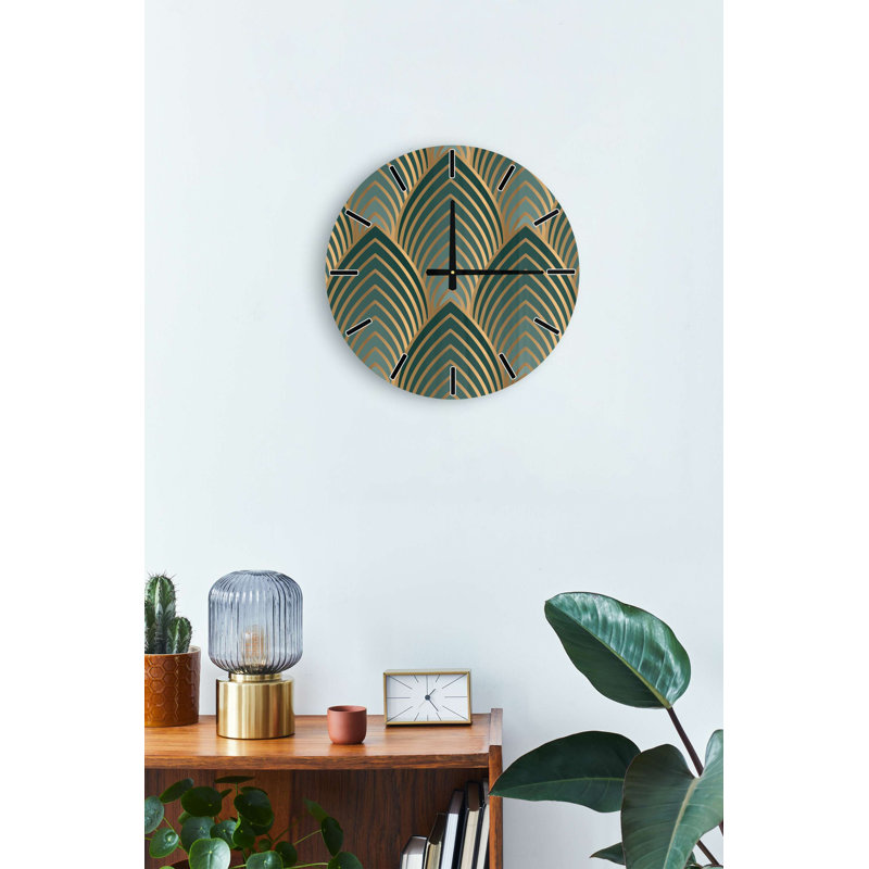 Geometric Green Leaves Pattern Gatsby 15 inches Round USA Made Wall Clock For Living Room Decorative