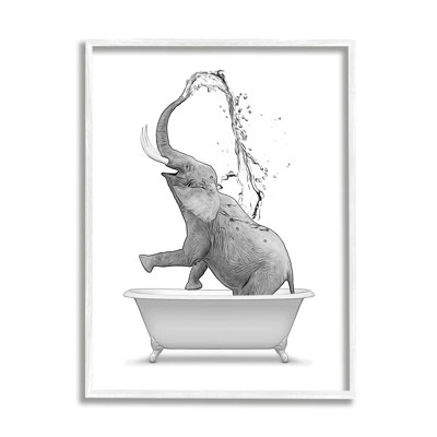 Monochrome Elephant Bathing Splashing Water Bathtub  Oversized White Framed Giclee Texturized Art by Annalisa Latella
