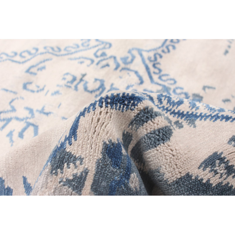 Tapis décoratif bleu/beige en laine noué à la main de conception unique 8 pi x 9 pi 10 po noué à la main New Age