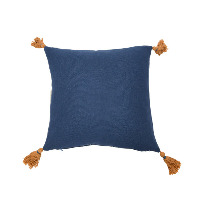Blue Cotton Embroidered Square Pillow with Tassels