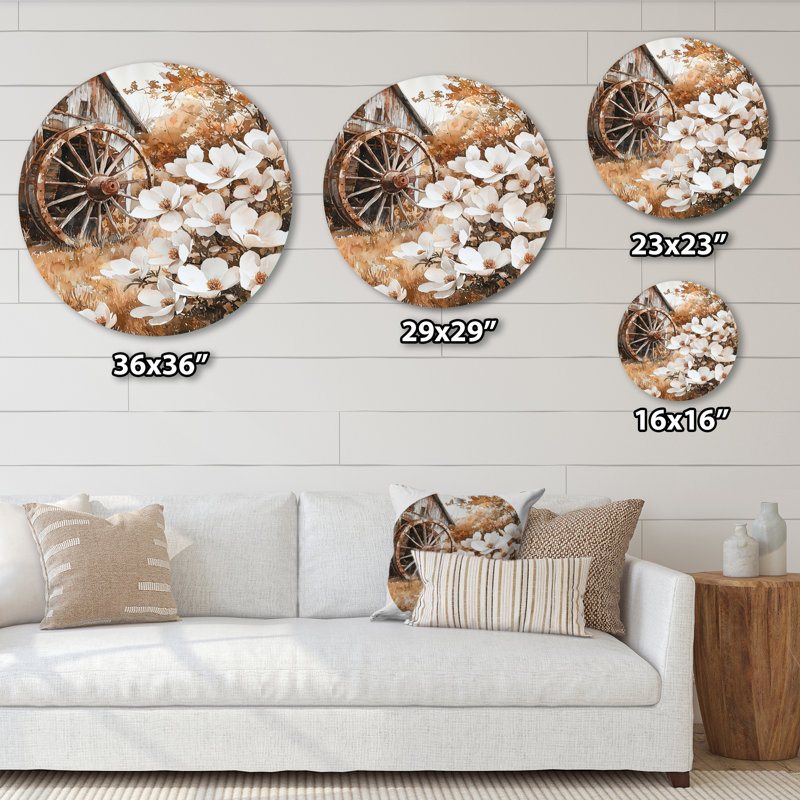 «Magnolias By The Wagon Wheel II», art mural rond en métal Magnolias, H 36 po x l 36 po