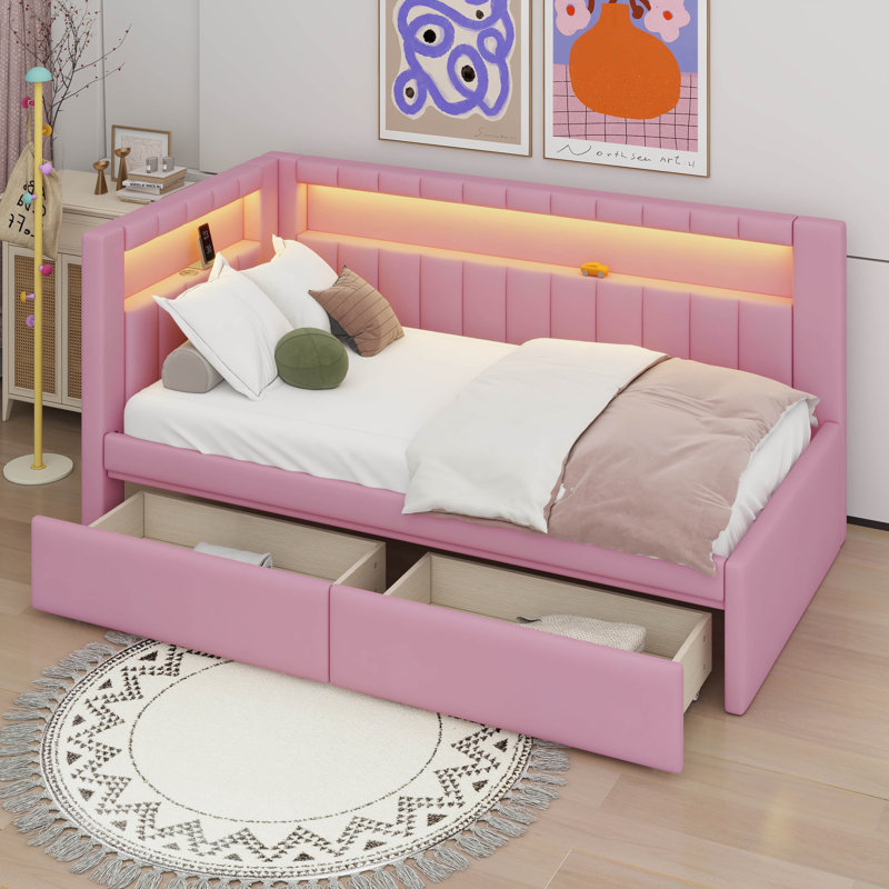 Upholstered Twin Size Daybed With LED And Storage Drawers, Pink