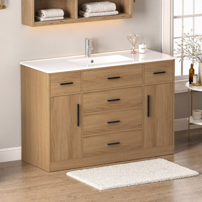 Meuble-lavabo 48 po avec rangement abondant, 2 portes à fermeture en douceur et 6 tiroirs, armoire en panneau de fibres à densité moyenne durable, élégance transitionnelle, fonctionnement silencieux pour la chambre principale, la salle d'invité et la salle d'eau