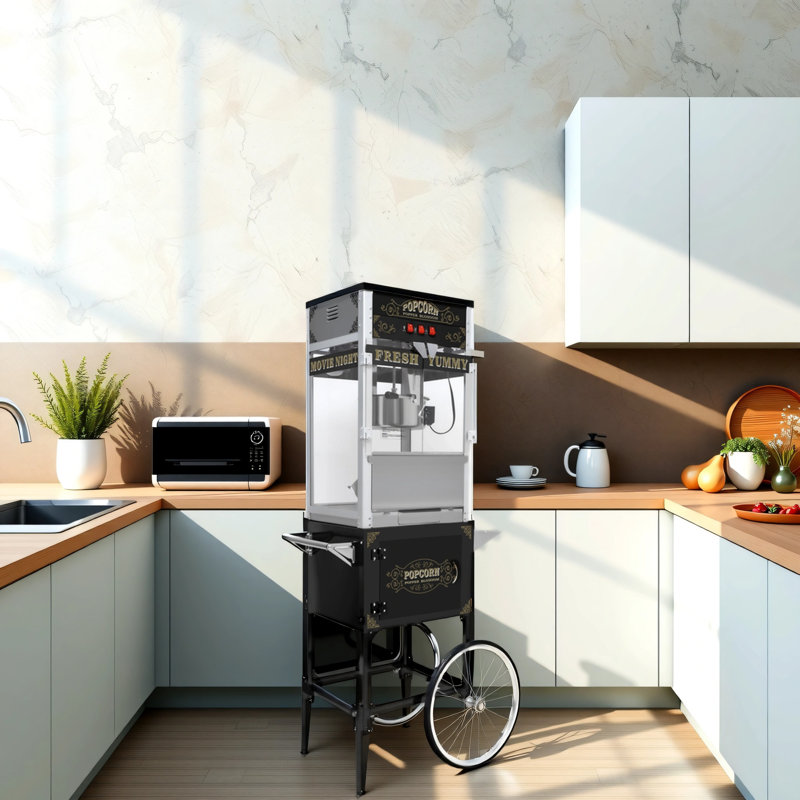 Machine à maïs soufflé commerciale avec chariot et 20 oz. Bouilloire sur roulettes avec verre trempé, table de maintien, Noir
