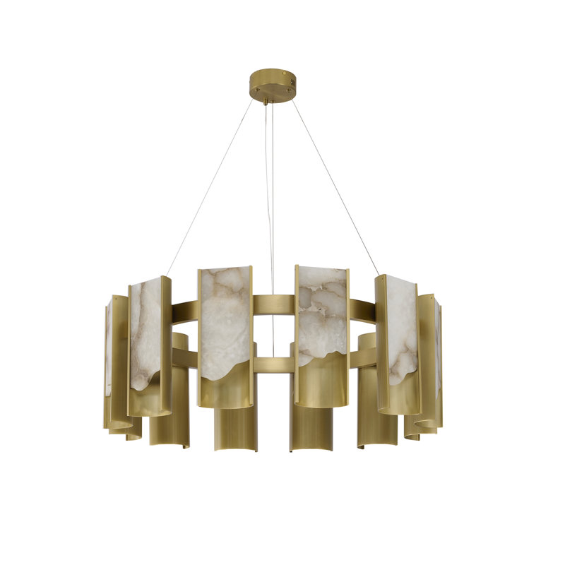 Lustre 12 lumières DEL en laiton satiné et aluminium blanc albâtre