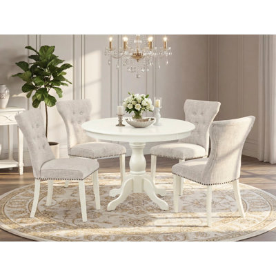 L'ensemble de table de salle à manger 5 pièces pour 4 personnes comprend une table de cuisine ronde avec piédestal et 4 chaises de salle à manger Parsons en tissu de lin, 42 x 42 pouces, lin blanc