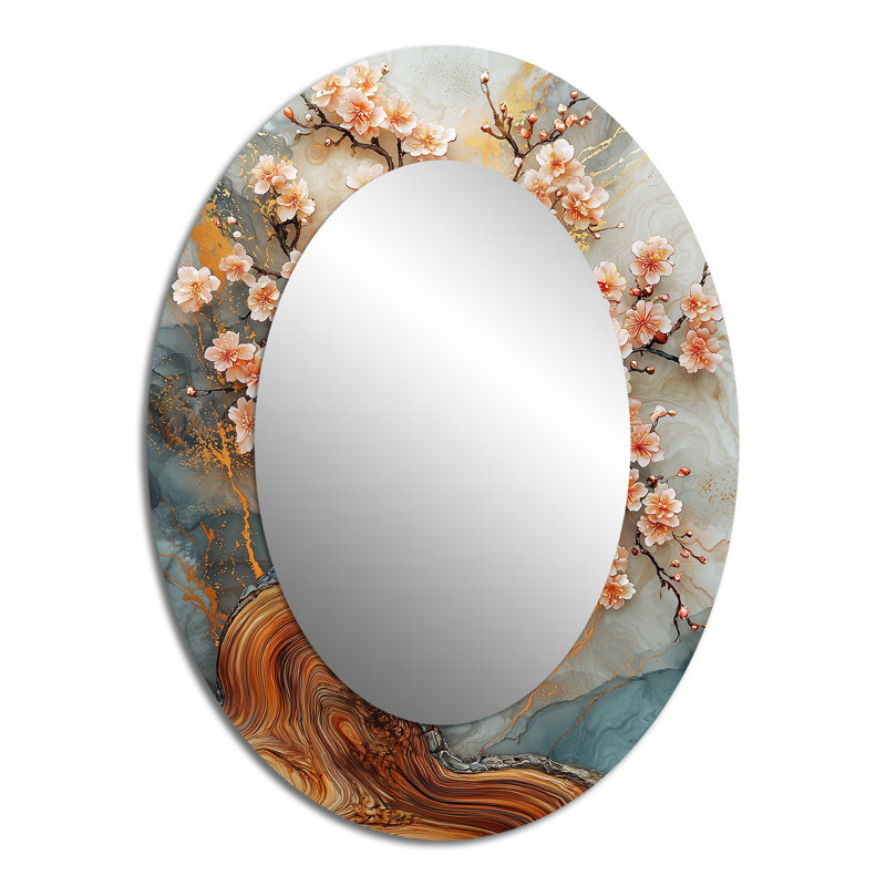 Golden Cherry Blossom Tree Garden Of Ephemeral Beauty II - Large Oval Wall Mirror On Metal, 40" x 30"