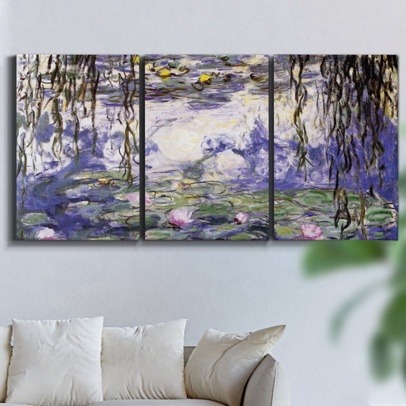 Nature morte, ensemble de 3 pièces encadrées sur toile par Monet, H 36 po x l 72 po x P 2 po